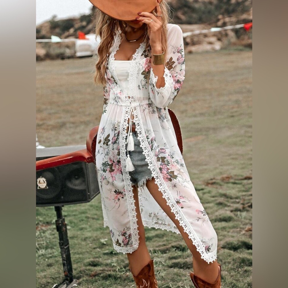 ❤️ SHEIN Swim Floral Print Contrast Lace Split Hem Kimono, Summer Beach large - Picture 11 of 11